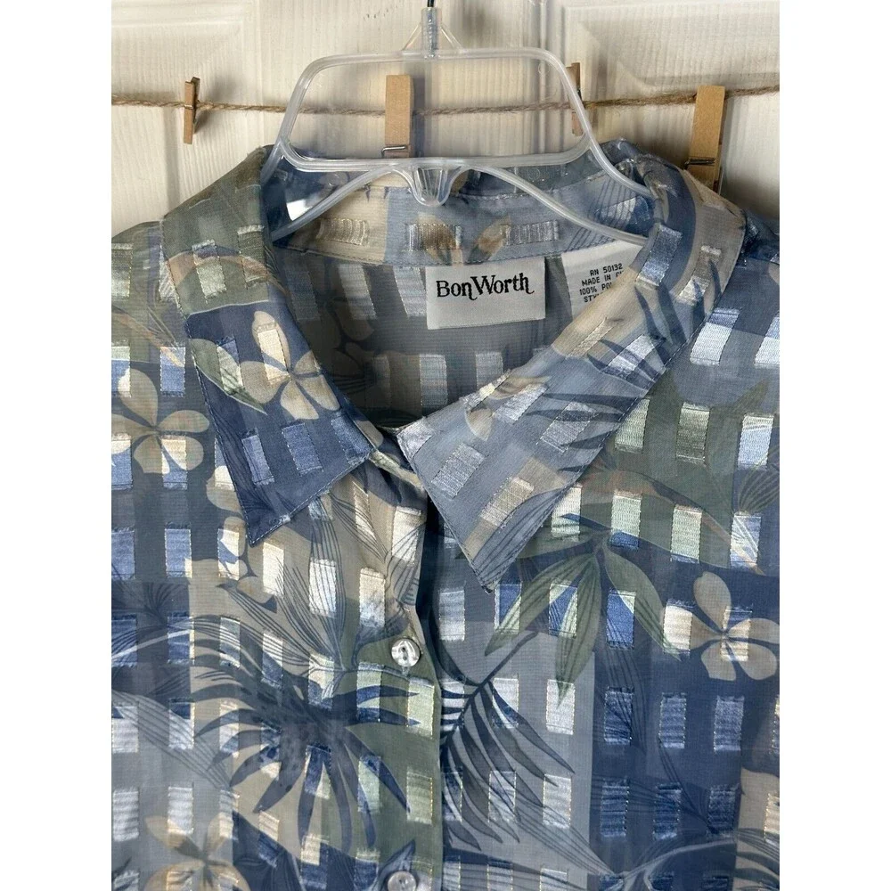 Bon Worth Sheer Big Shirt Women's XL Light Blue Floral Cool Layering Chic Casual